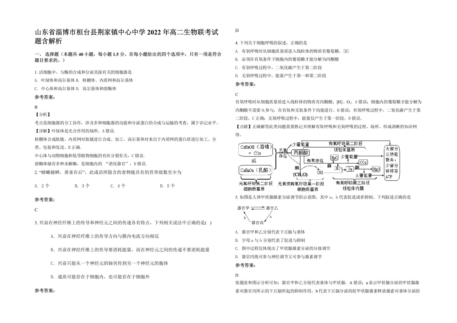 山东省淄博市桓台县荆家镇中心中学2022年高二生物联考试题含解析