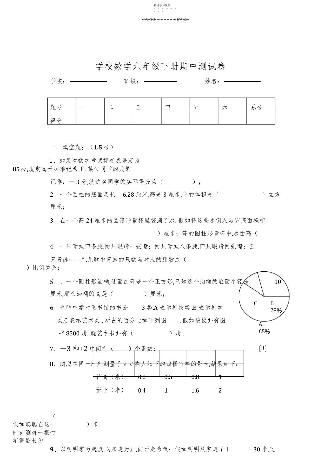 2022年小学数学六年级下册期中测试卷