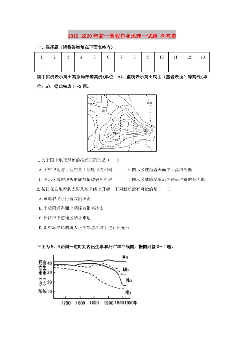 2019-2020年高一暑假作业地理一试题