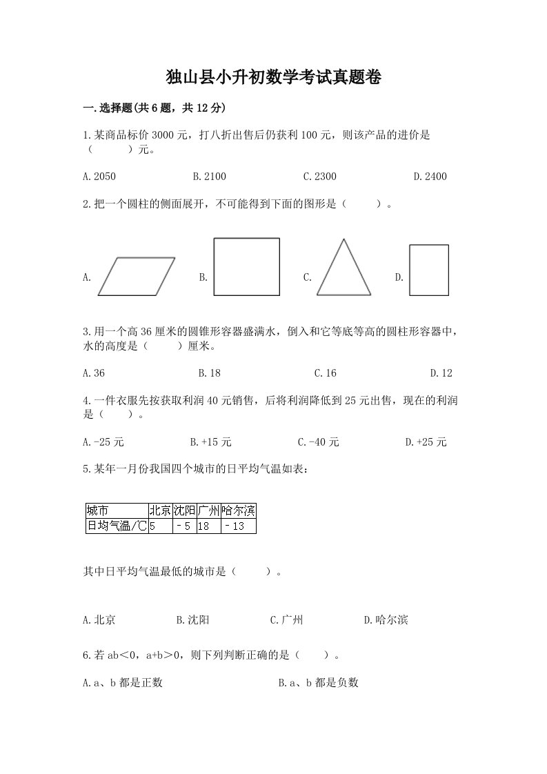 独山县小升初数学考试真题卷推荐