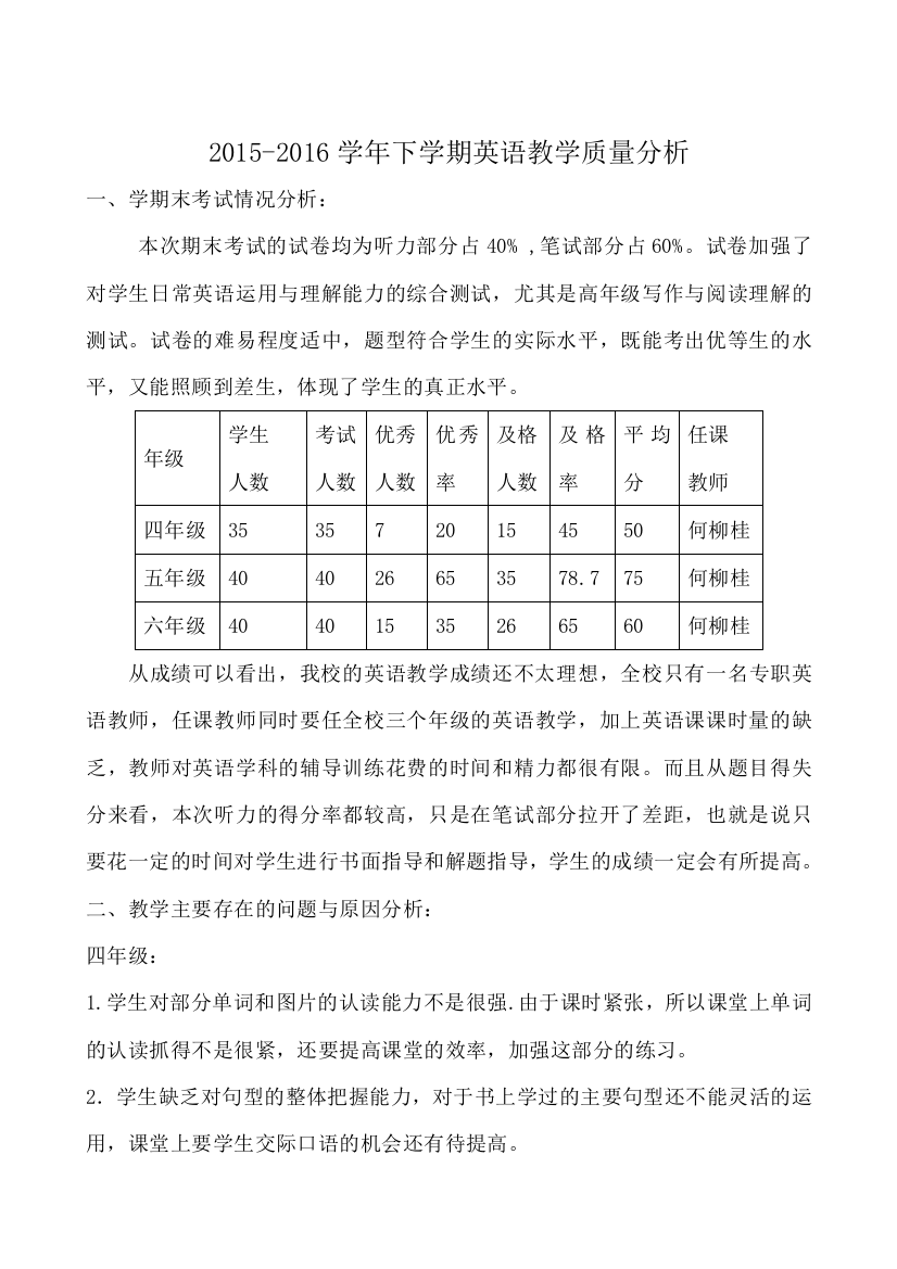 (完整)小学英语组教学质量分析报告