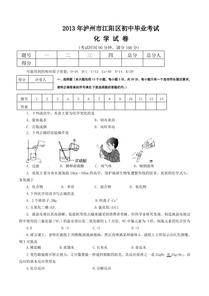 2013年泸州市中考化学试题及答案