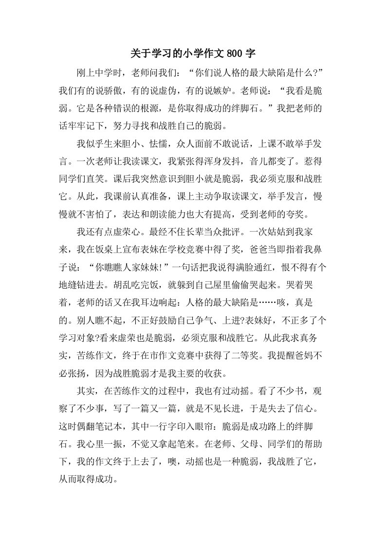 关于学习的小学作文800字