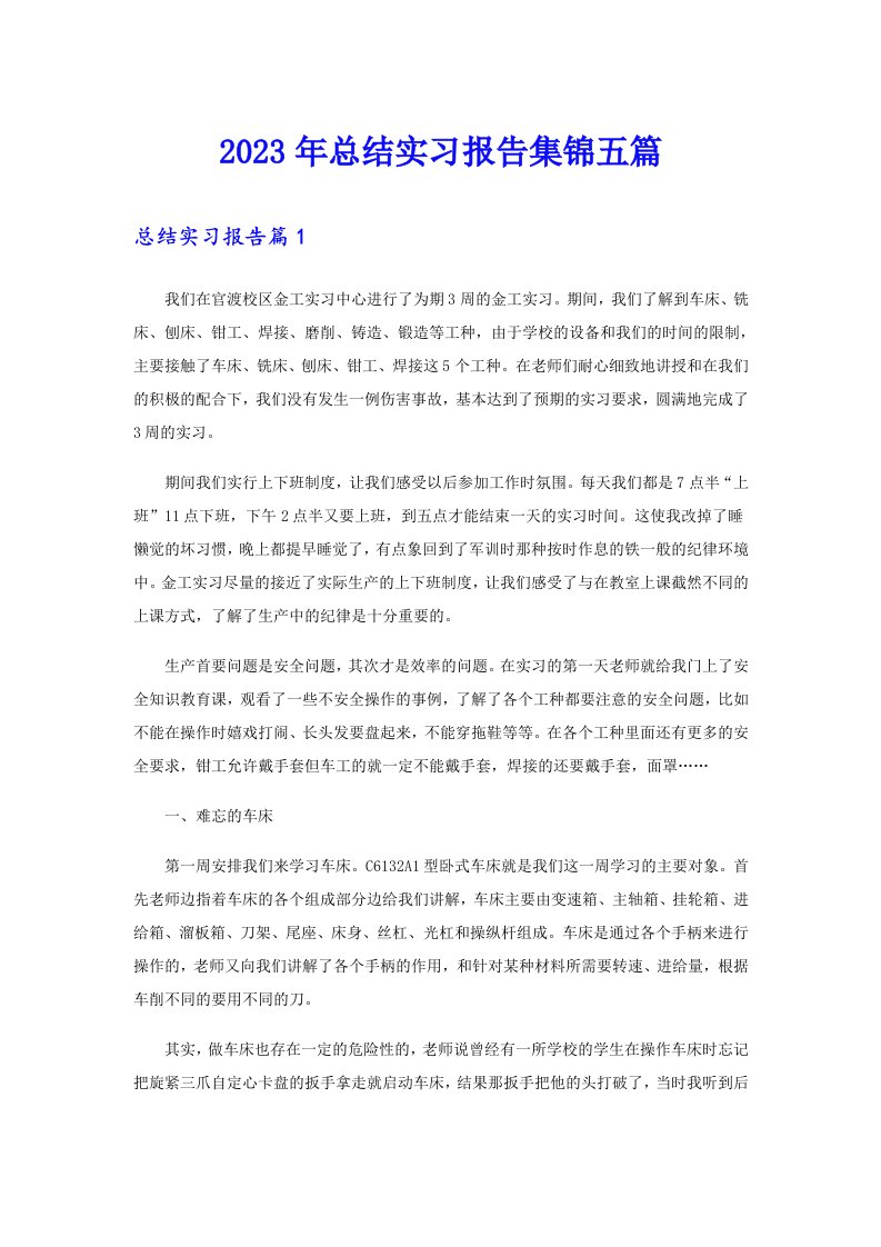 （精编）2023年总结实习报告集锦五篇