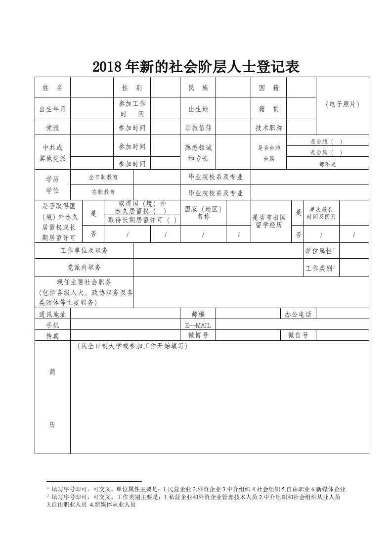 2018年新的社会阶层人士登记表