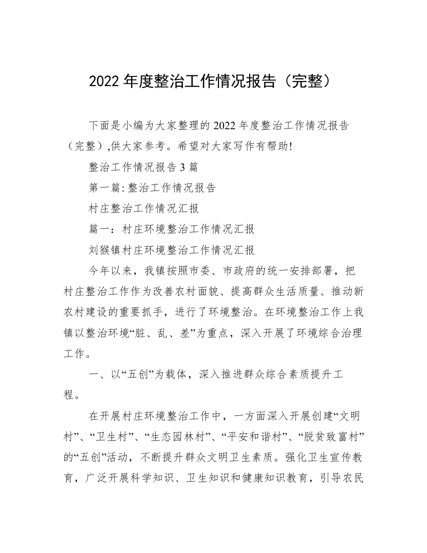 2022年度整治工作情况报告（完整）