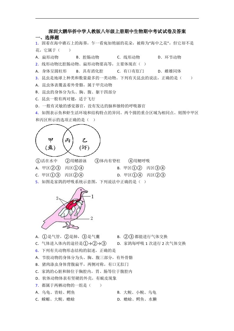 深圳大鹏华侨中学人教版八年级上册期中生物期中考试试卷及答案