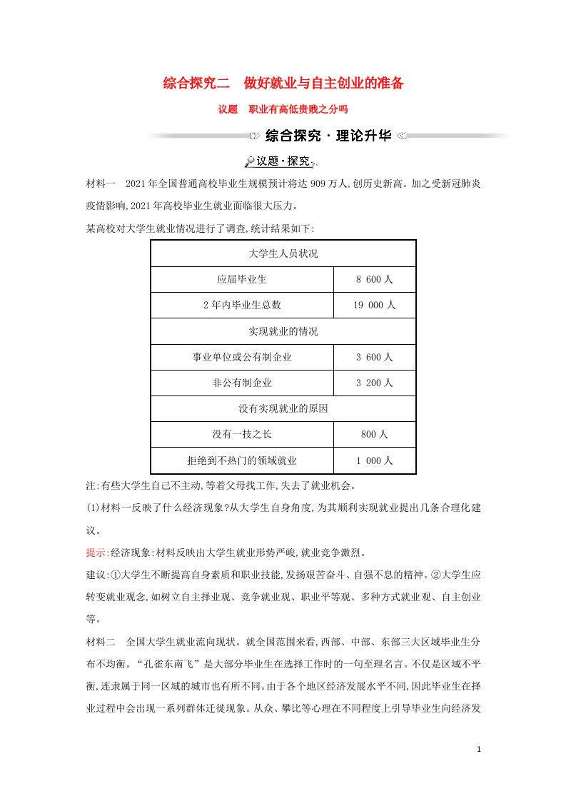 2021_2022学年高中政治综合探究二做好就业与自主创业的准备学案新人教版必修1