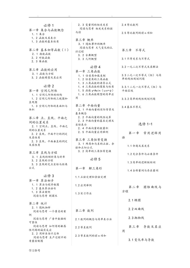 人教A版高中数学教材目录[全]