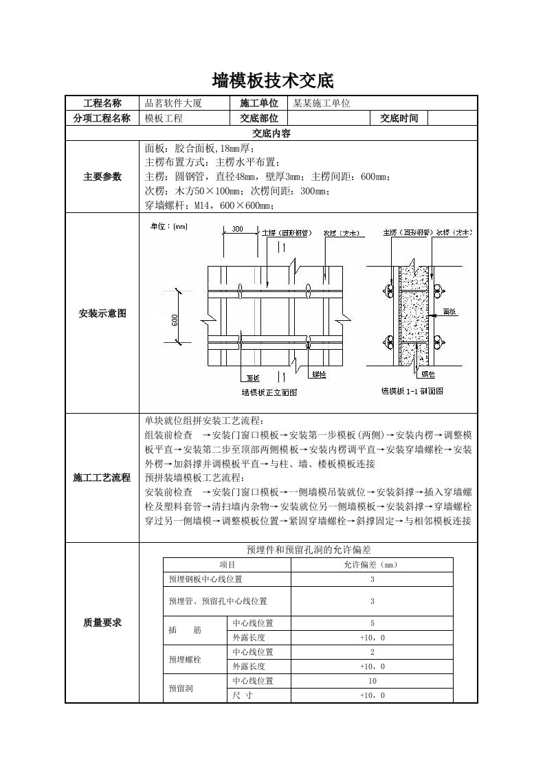 墙模板技术交底