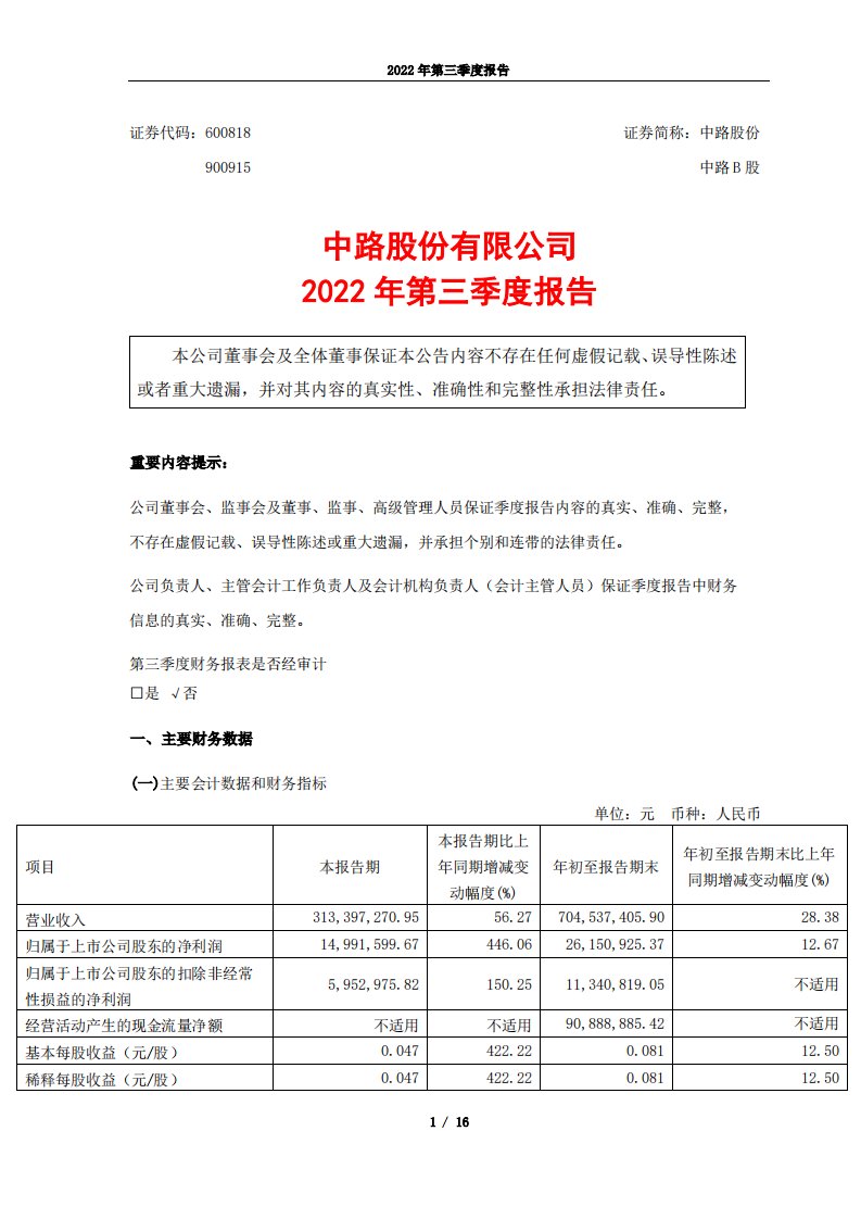 上交所-中路股份有限公司2022年第三季度报告-20221027