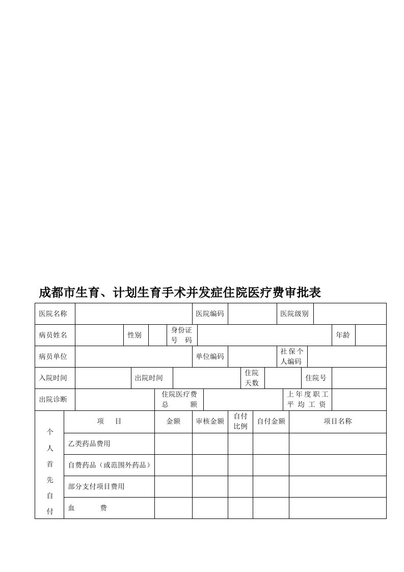 成都市生育、计划生育手术并发症住院医疗费审批表