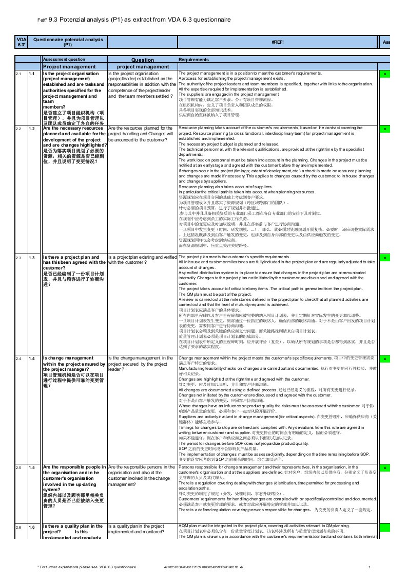 VDA6.3提问表格中英文对照