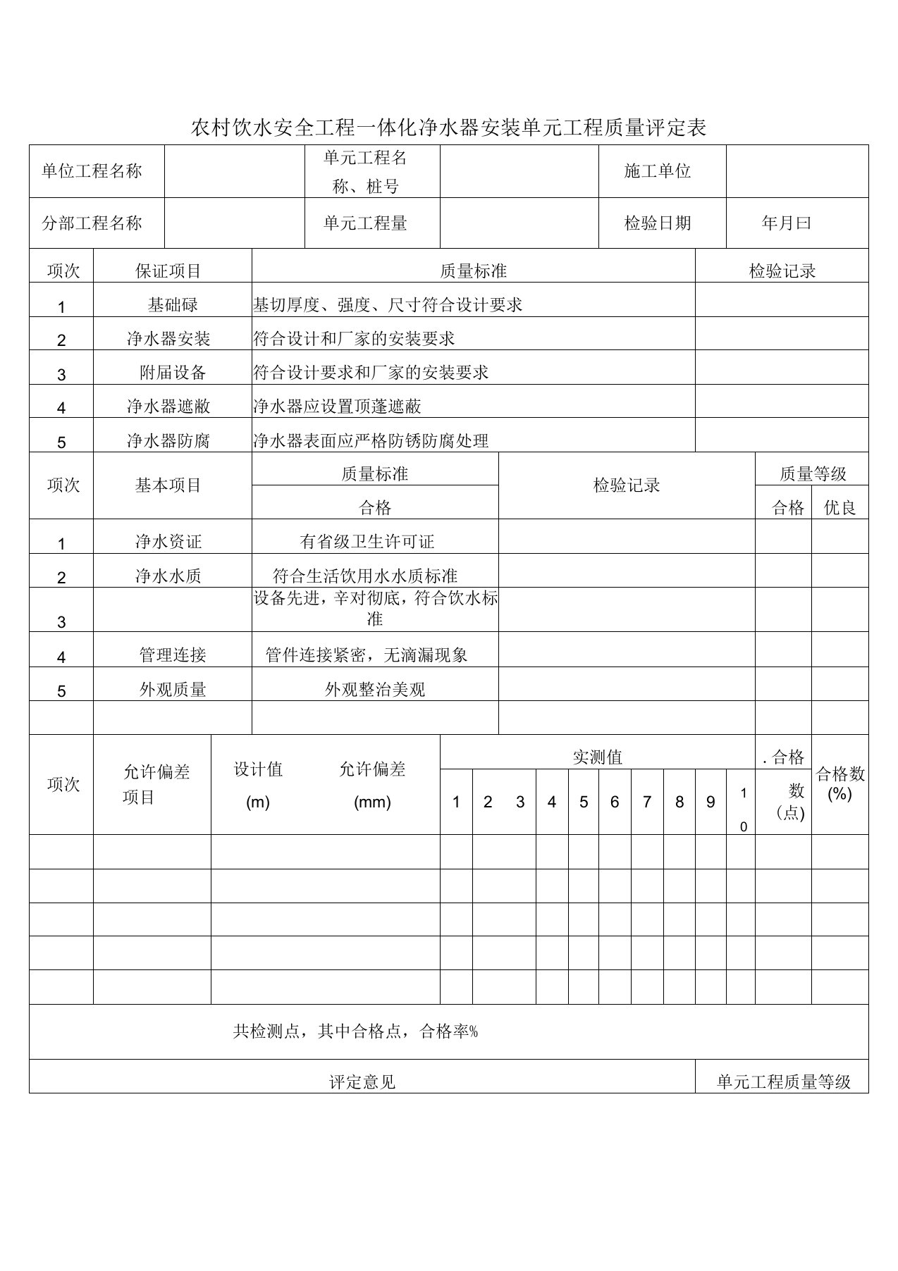 农村饮水安全工程一体化净水器安装单元工程质量评定表