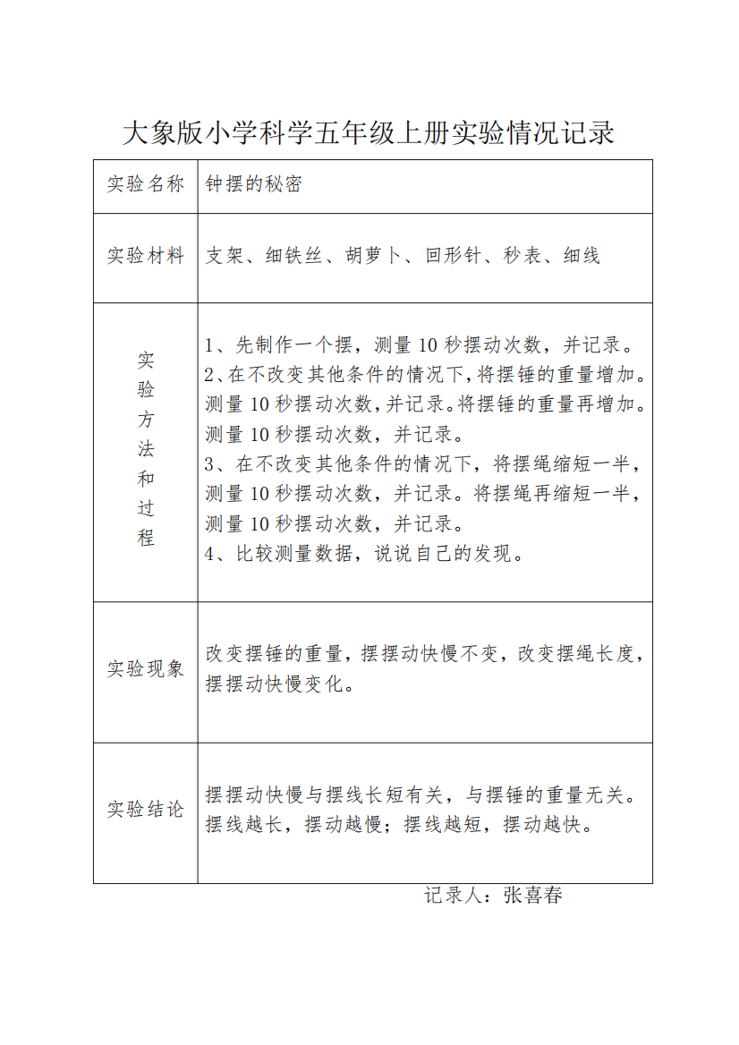 大象版小学科学五年级上册实验情况记录