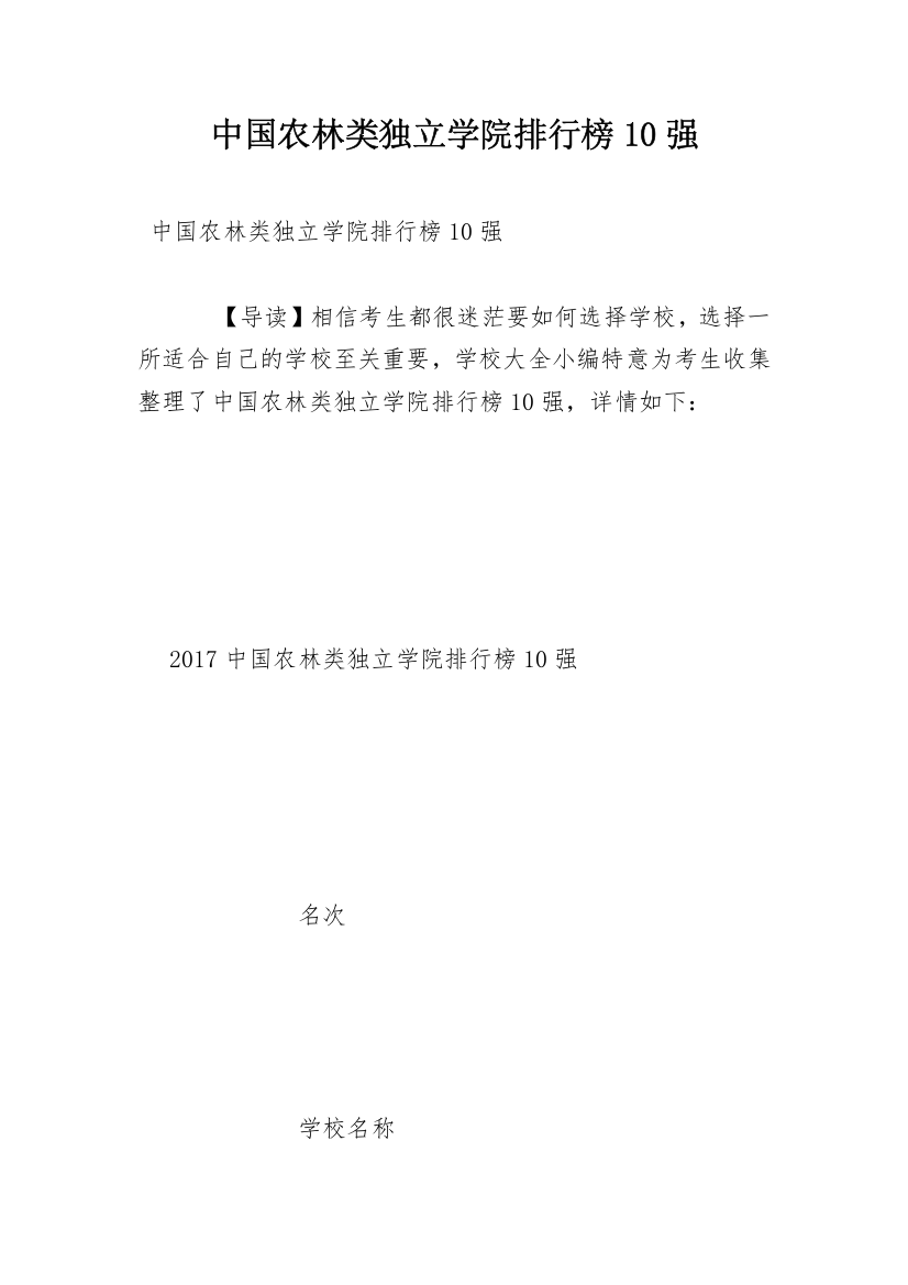 中国农林类独立学院排行榜10强