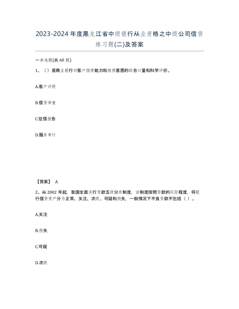 2023-2024年度黑龙江省中级银行从业资格之中级公司信贷练习题二及答案