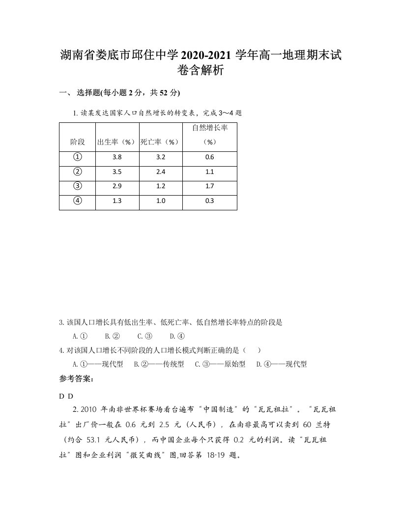 湖南省娄底市邱住中学2020-2021学年高一地理期末试卷含解析