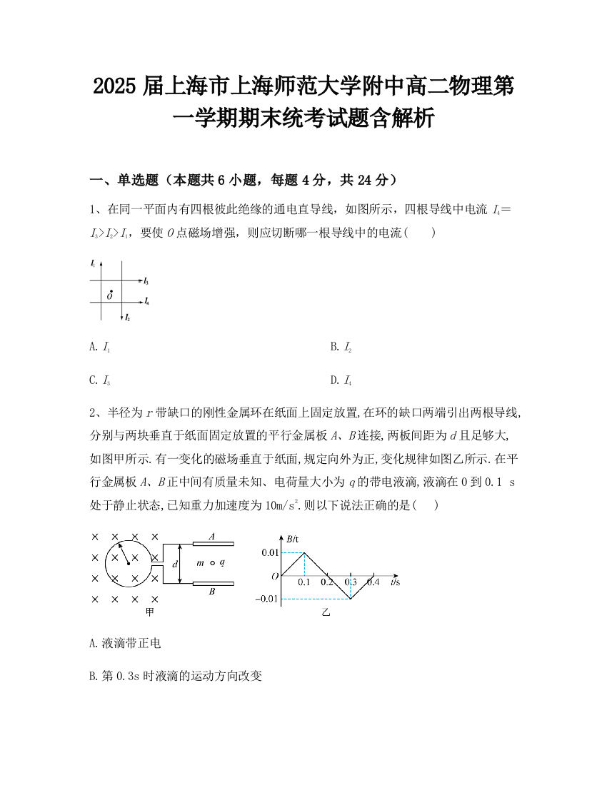 2025届上海市上海师范大学附中高二物理第一学期期末统考试题含解析