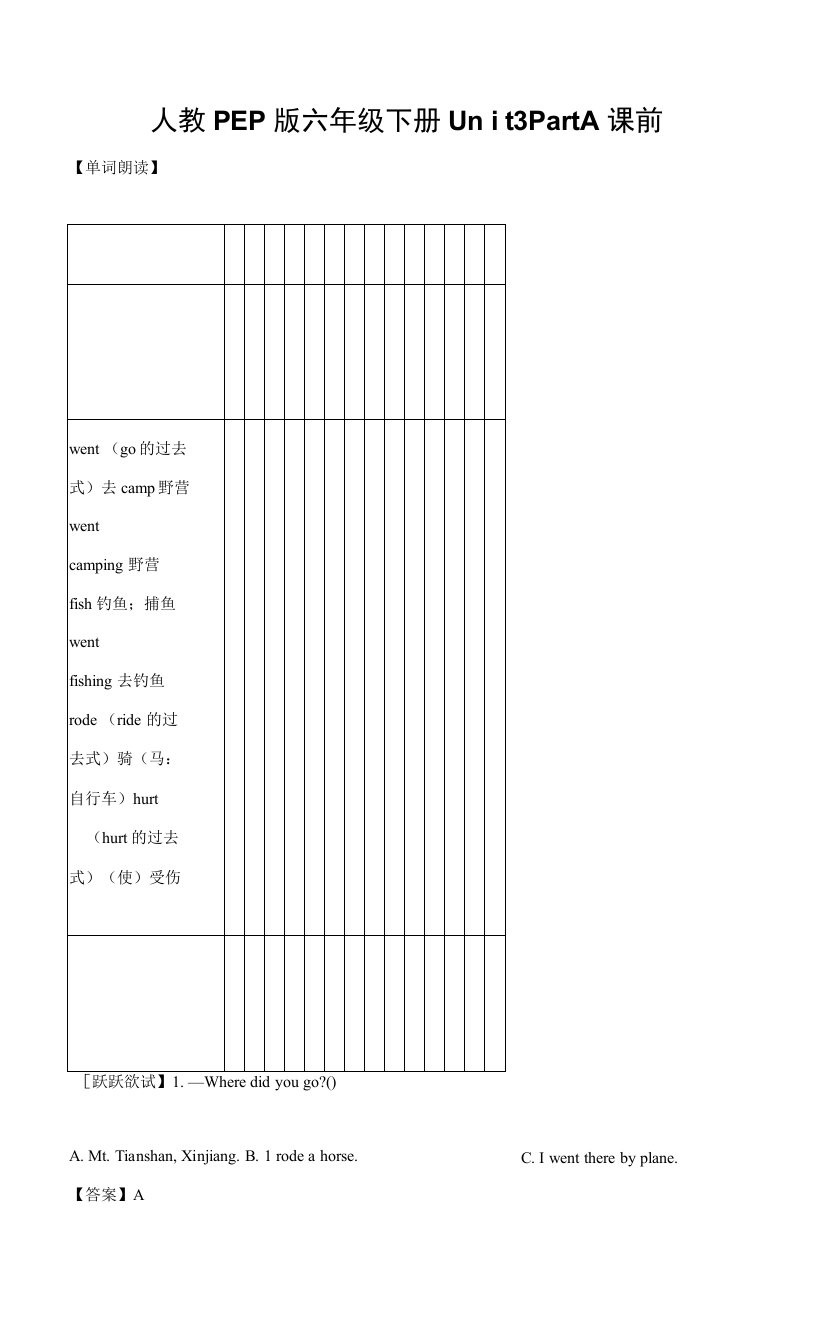 英语人教PEP版六年级下册Unit3PartA课前（解析版）