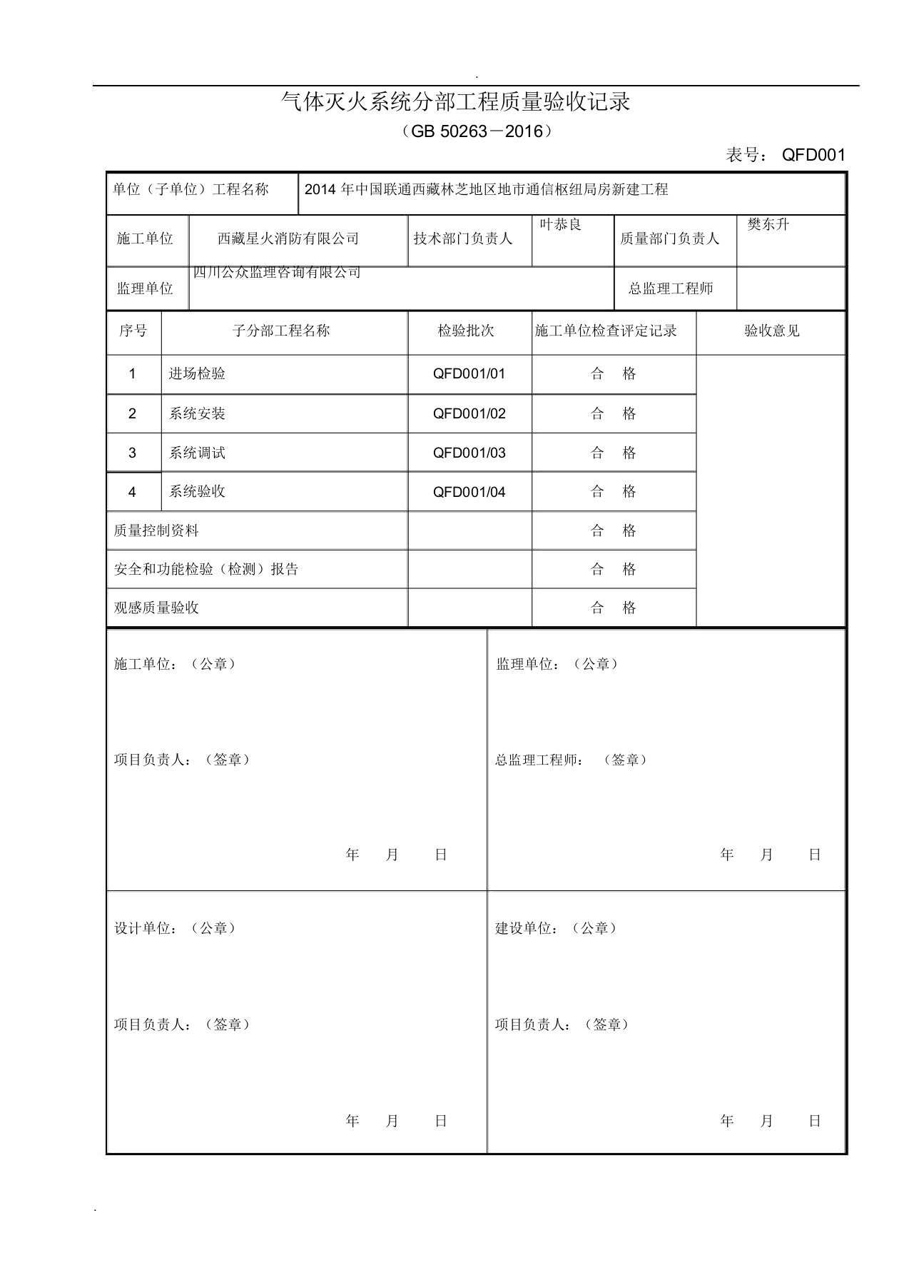 气体灭火系统分部工程质量验收记录