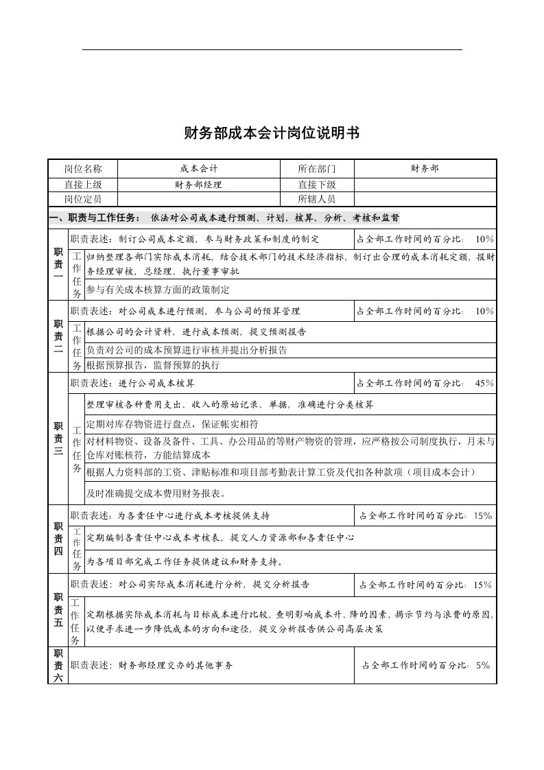 创新港湾工程公司财务部成本会计岗位说明书