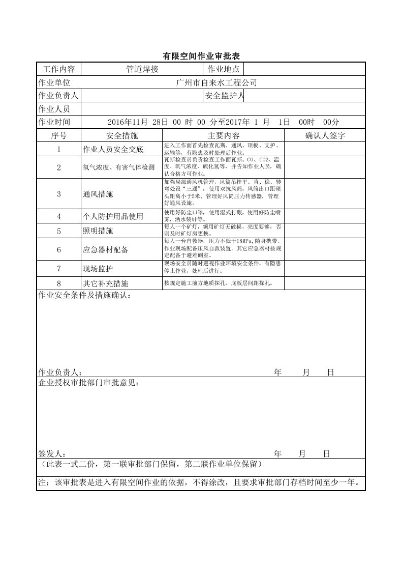 有限空间作业审批表(附件三)