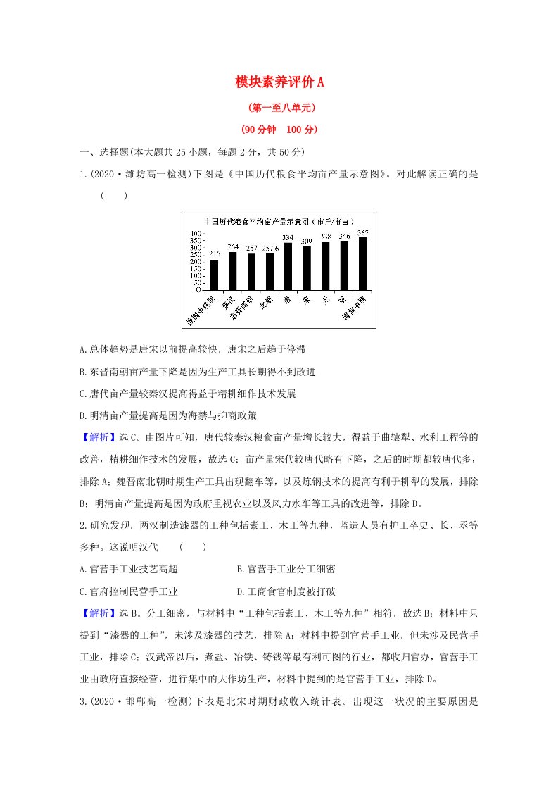 2020-2021学年高中历史模块素养评价A含解析新人教版必修(1)