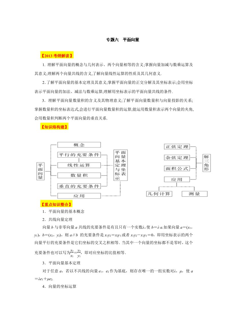 高考数学二轮复习精品教学案专题06平面向量(教师)