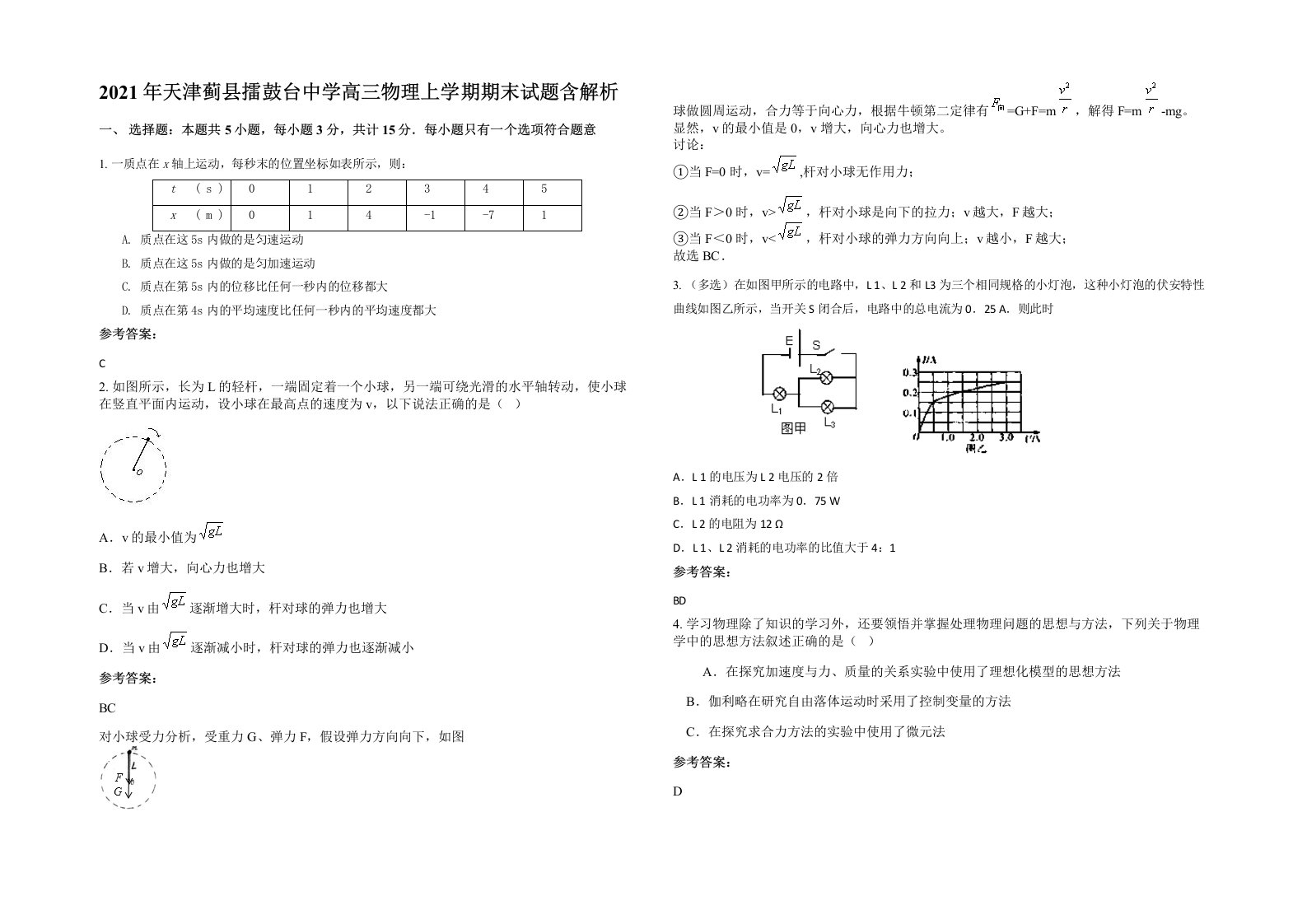 2021年天津蓟县擂鼓台中学高三物理上学期期末试题含解析