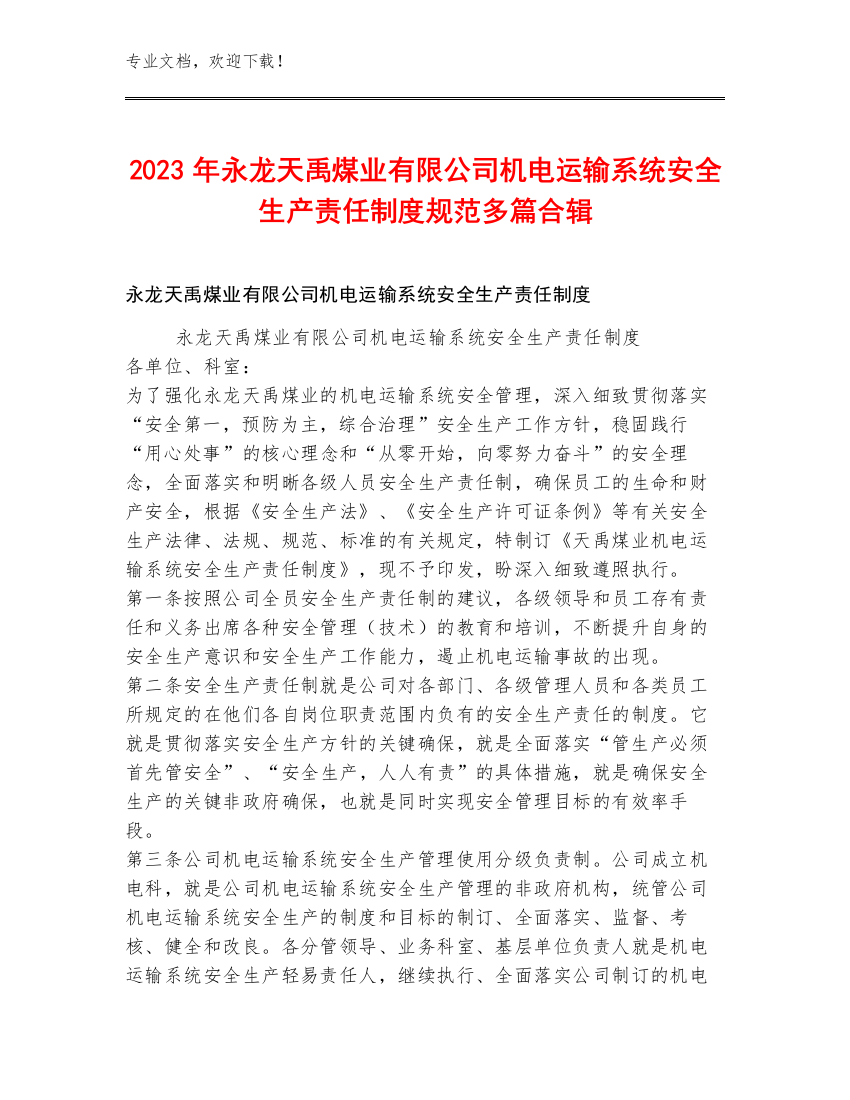 2023年永龙天禹煤业有限公司机电运输系统安全生产责任制度规范多篇合辑