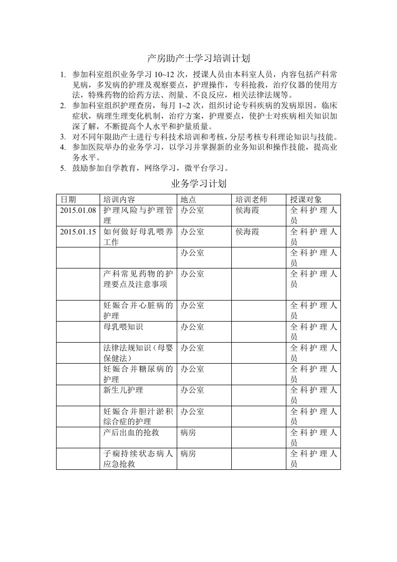 2015年产房培训学习计划