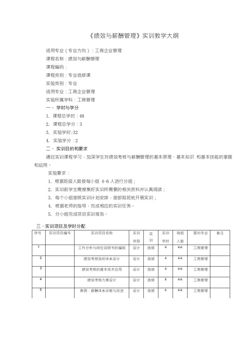 绩效与薪酬管理实训教学大纲