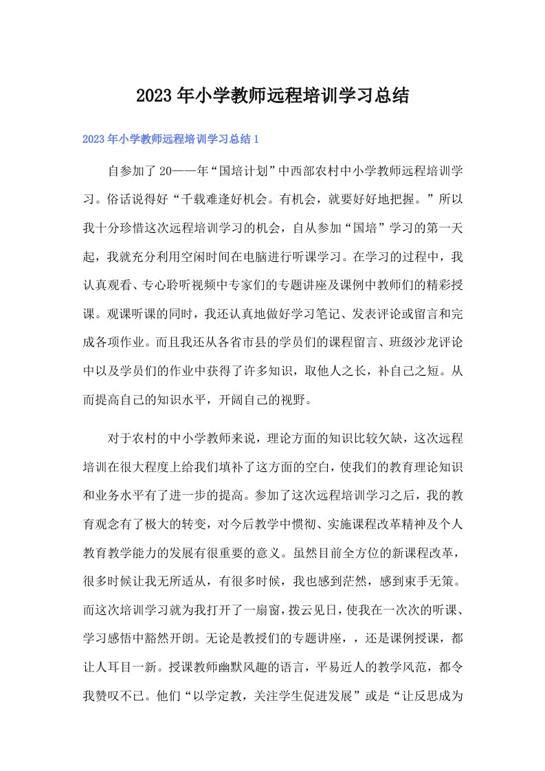 2023年小学教师远程培训学习总结