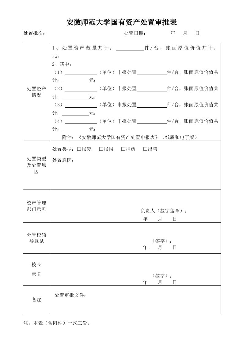 安徽师范大学国有资产处置审批表