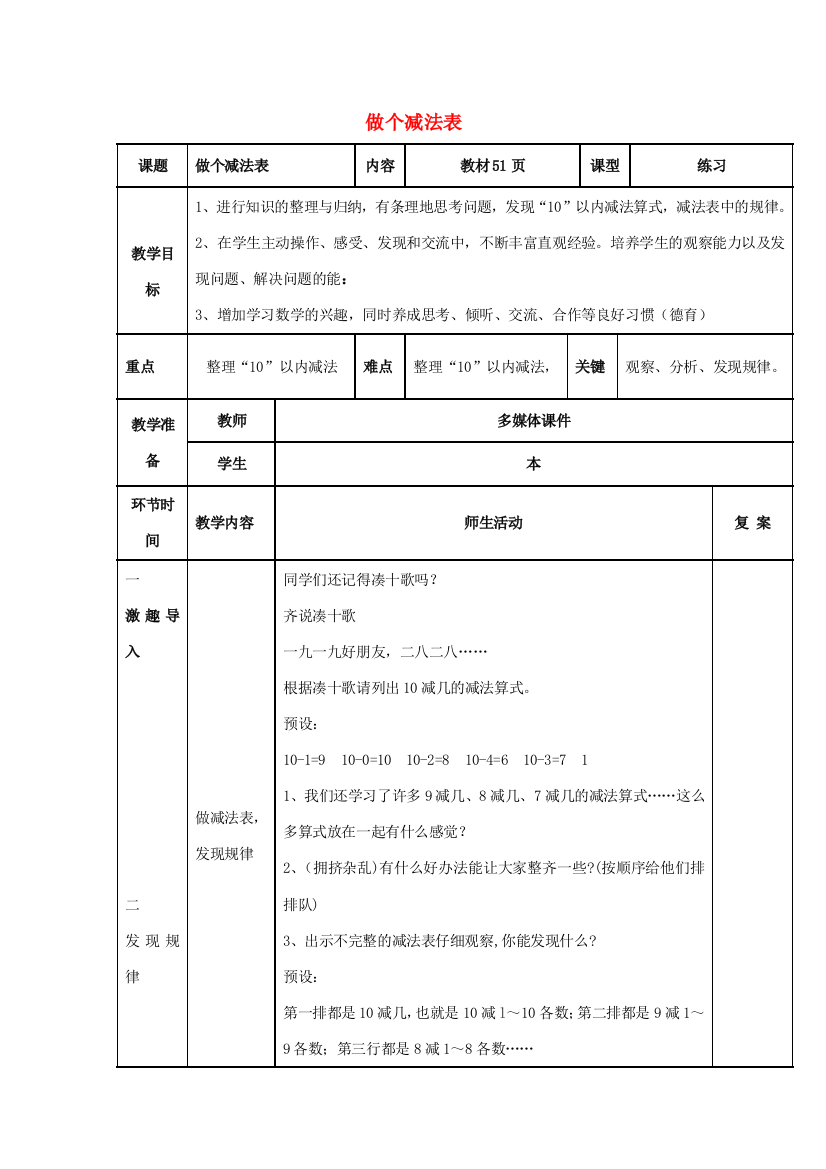 一年级数学下册《做个减法表》教案