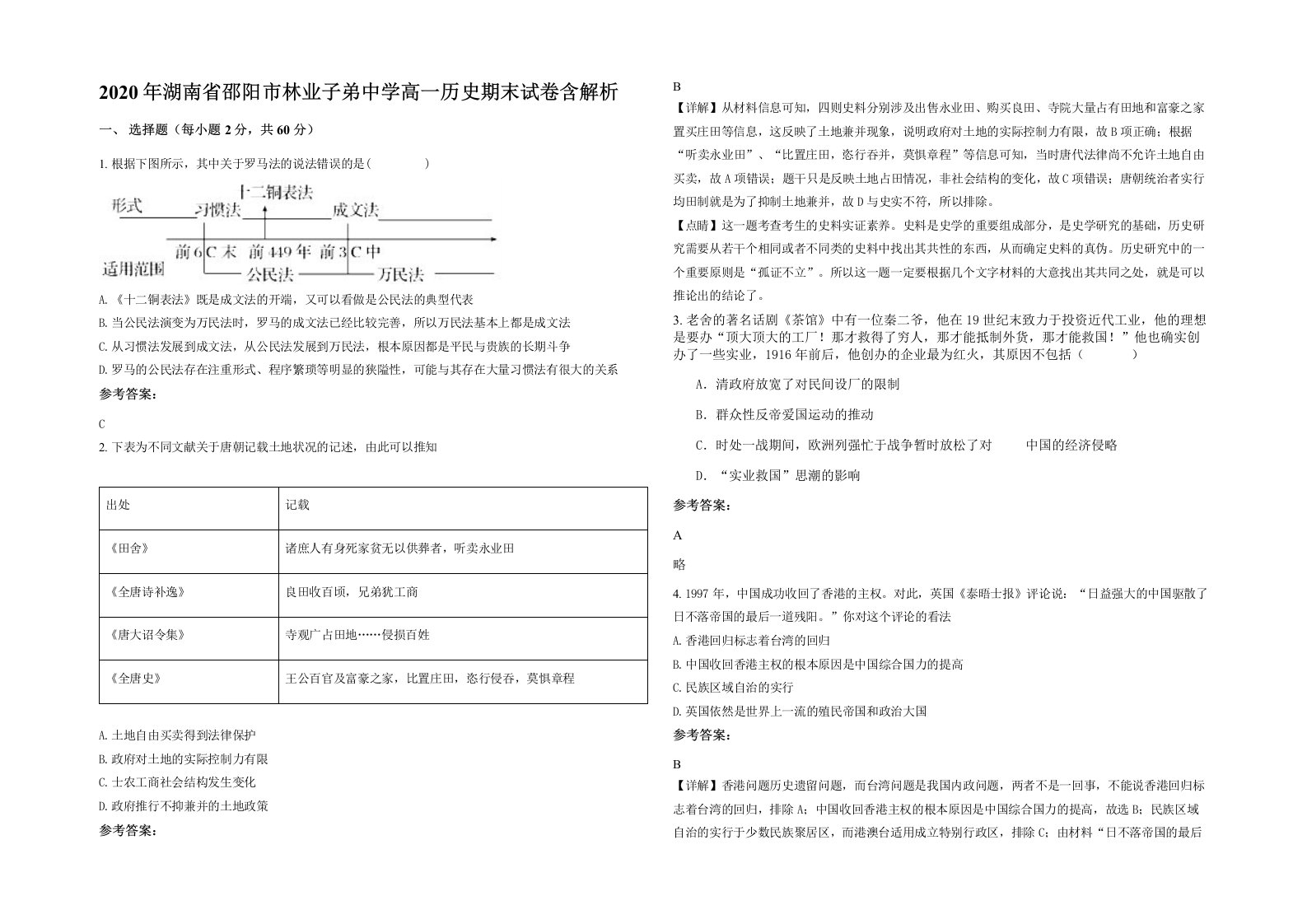 2020年湖南省邵阳市林业子弟中学高一历史期末试卷含解析