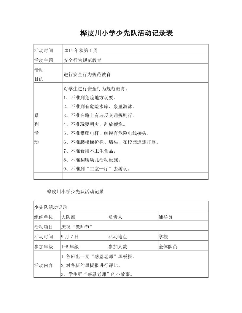 桦皮川小学少先队活动记录表