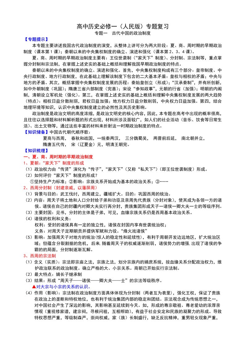 人民版高中历史必修一复习资料