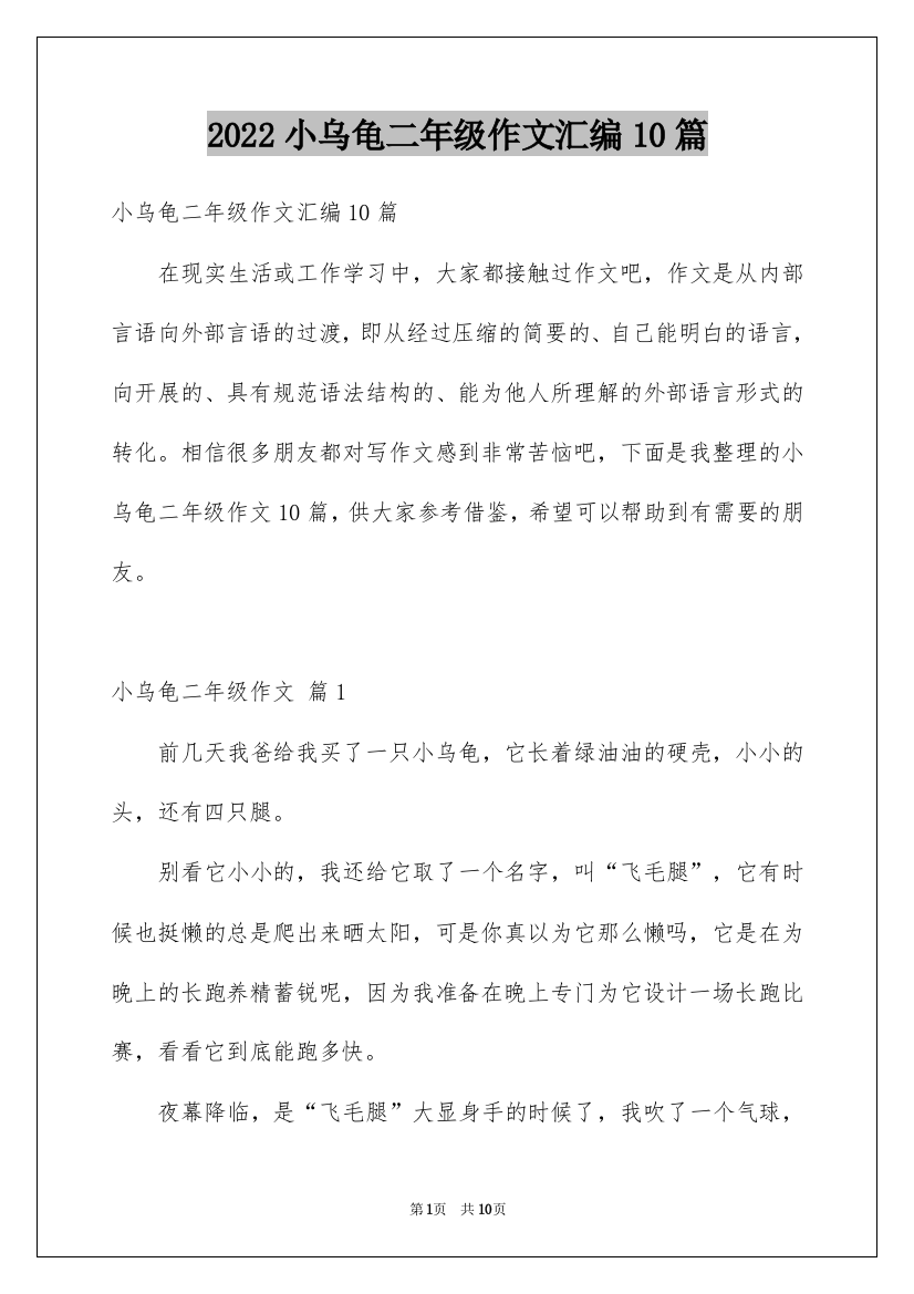 2022小乌龟二年级作文汇编10篇