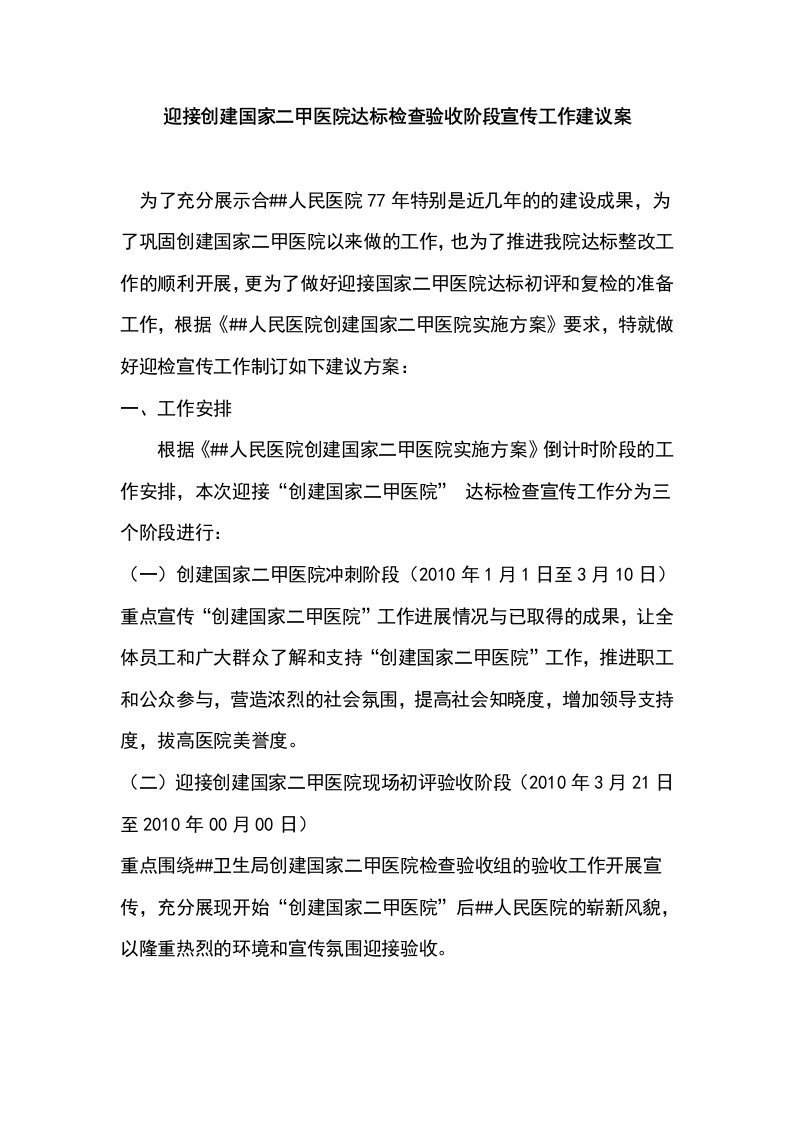 [医药]迎接创建国家二甲医院达标检查验收阶段宣传工作建议案