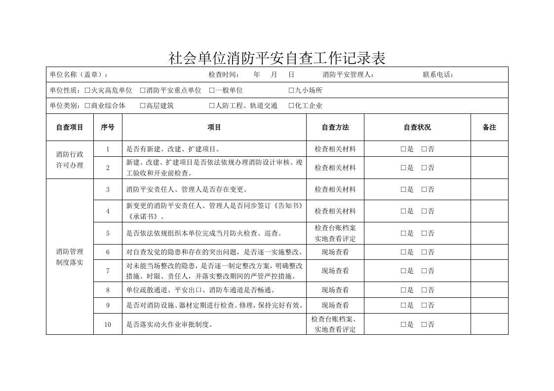 社会单位消防安全自查工作记录表和月报告(每月一份)