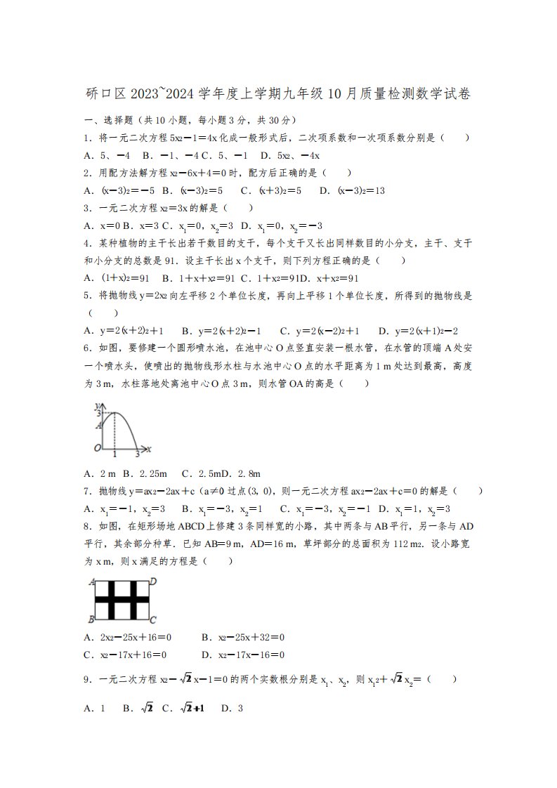 湖北省武汉市硚口区2024届九年级上学期10月月考数学试卷(含部分解析)