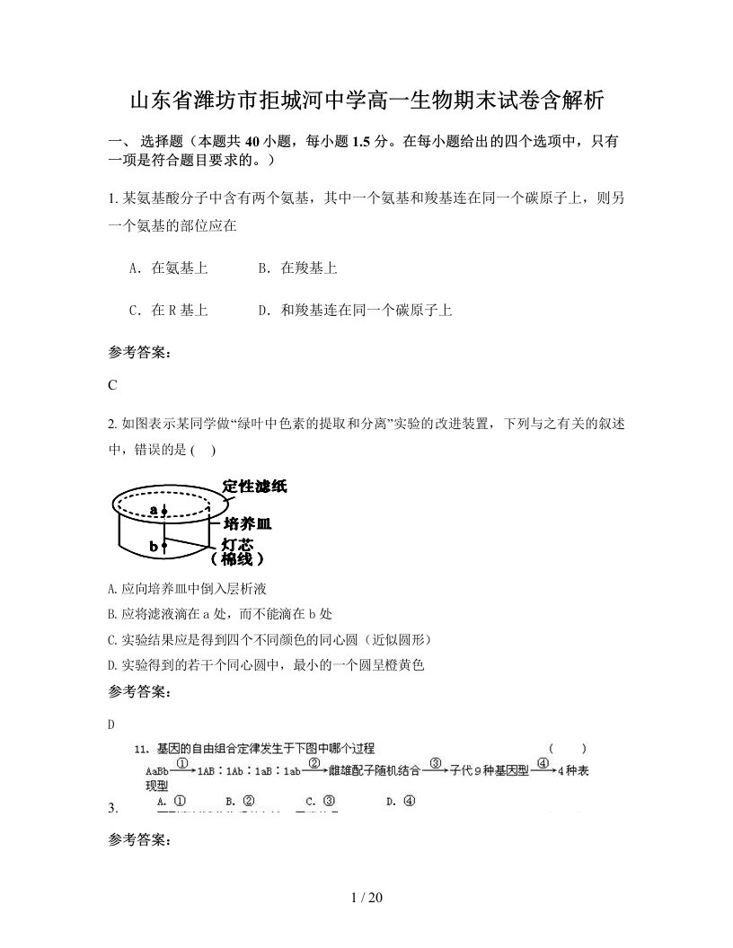 山东省潍坊市拒城河中学高一生物期末试卷含解析