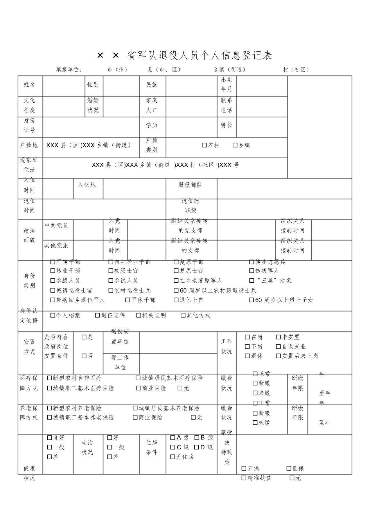 军队退役人员个人信息登记表