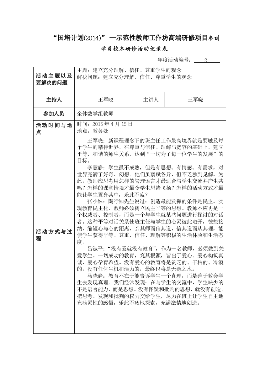 王军晓校本教研记录表2