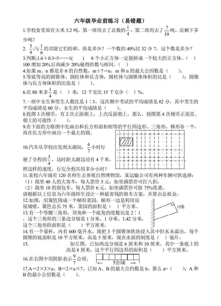 小学六年级数学小升初易错题专项练习