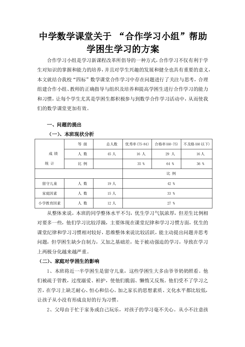 中学数学课堂关于“合作学习小组”帮助学困生学习的方案（万晓斌）