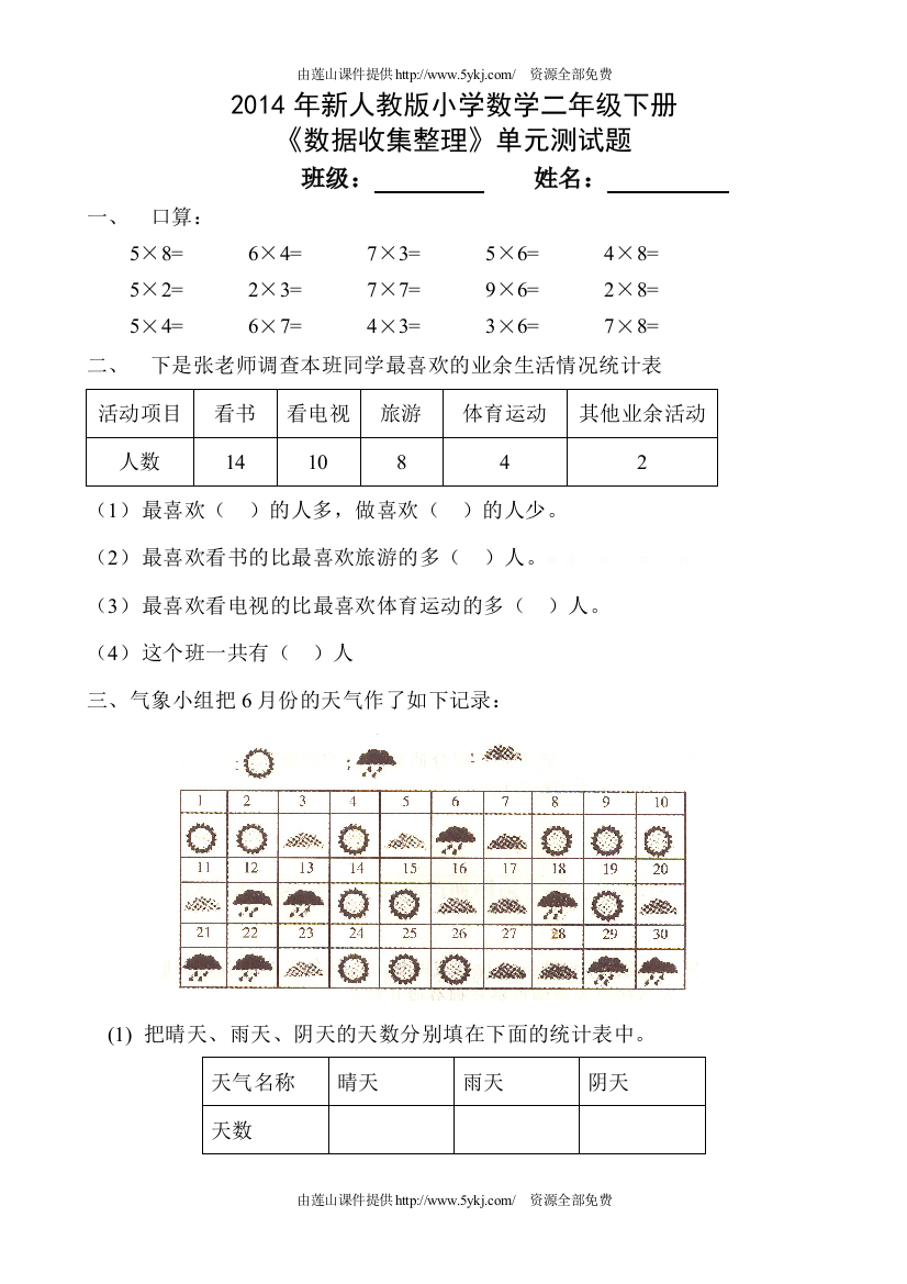 2014新人教版小学数学二年级下册第一单元数据收集整理练习题