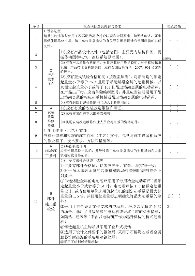 龙门吊起重机安装检查项目及其内容与要求